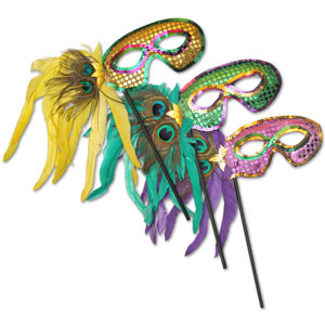 MASQUE A PLUMES MARDI GRAS SUR BATON 10" - PAQUET DE 12