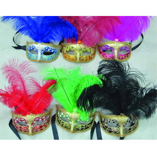 MASQUE VENITIEN A PLUMES ET RUBAN - ASSORTIES - PAQUET DE 12