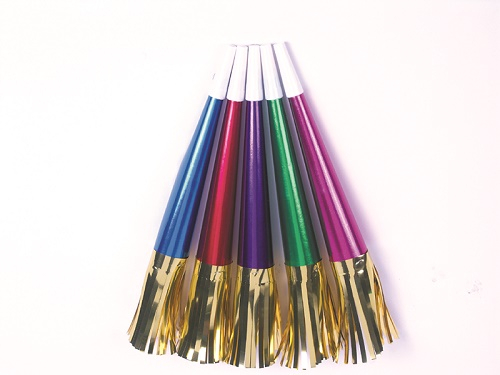 9'' ASSORTED FOIL HORNS WITH GOLD FRINGE - PACK OF 72