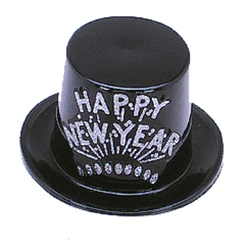 CHAPEAUX HAUTS NOIR AVEC HAPPY NEW YEAR COULEUR ARGENT - PAQUET DE 48