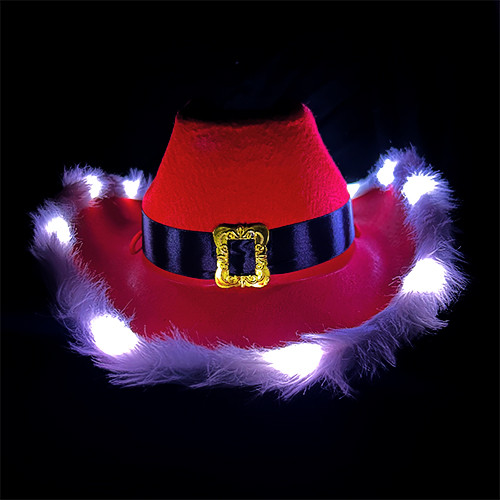 CHAPEAU DE COWBOY LUMINEUX ROUGE DE NOEL - 3 PILES LR44 REMPLACABLE