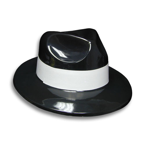 CHAPEAU DE GANGSTER NOIR AVEC RUBAN BLANC -PAQUET DE 12