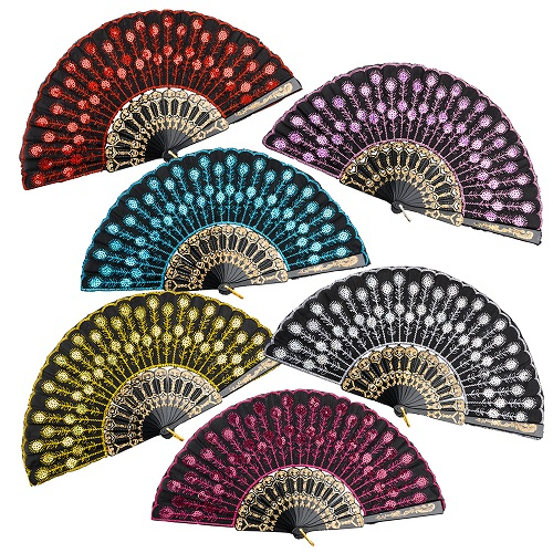 EVENTAIL A PAILLETTE BASE NOIR 9" - COULEURS ASSORTIES - PAQUET DE 12