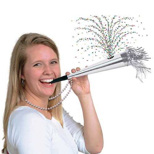 COLLIERS 36" AVEC FLUTE A CONFETTIS - ARGENT - PAQUET DE 12