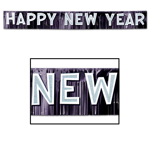 BANNIERES METALLIQUES HAPPY NEW YEAR 10" x 9' 6" - NOIR &BLANC - PAQUET DE 6