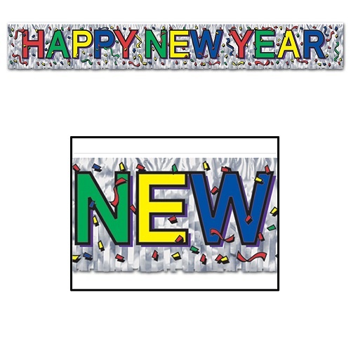 BANNIERE AVEC FRANGES HAPPY NEW YEAR METALLIQUE MULTICOULEUR 8" X 5' - PAQUET DE 12